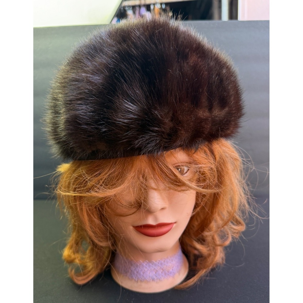 Vintage Real Mink Fur Pillbox Hat Brown Satin Lined Joseph Horne Millinery 50s